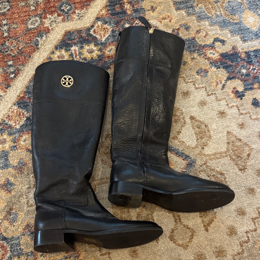 Tory Burch Black Leather Knee-High Boots with Gold Logo